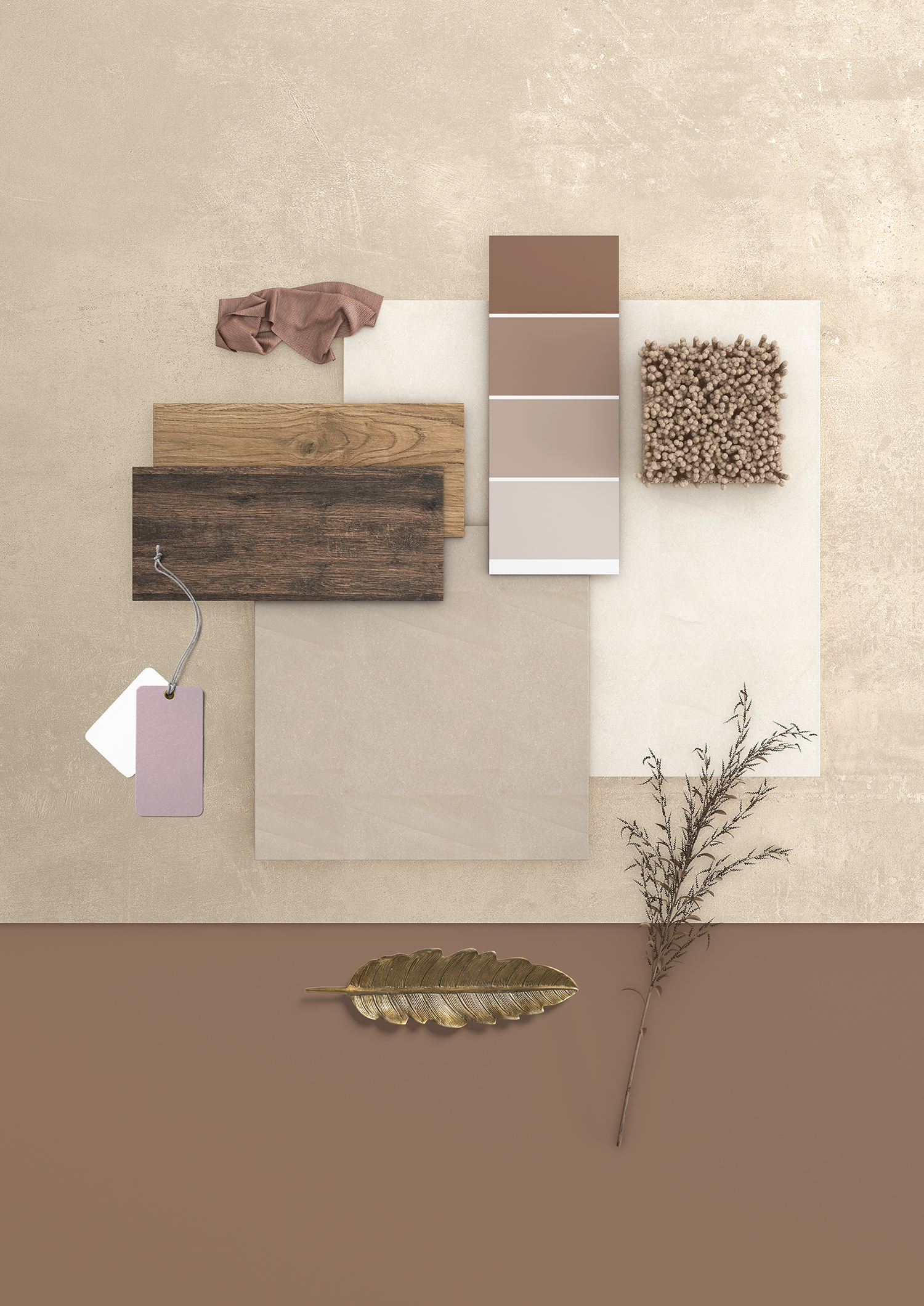 Moodboard mit Fliesen in Holz- und Steinoptik, Farbmuster und Texturen in Erdtönen.
