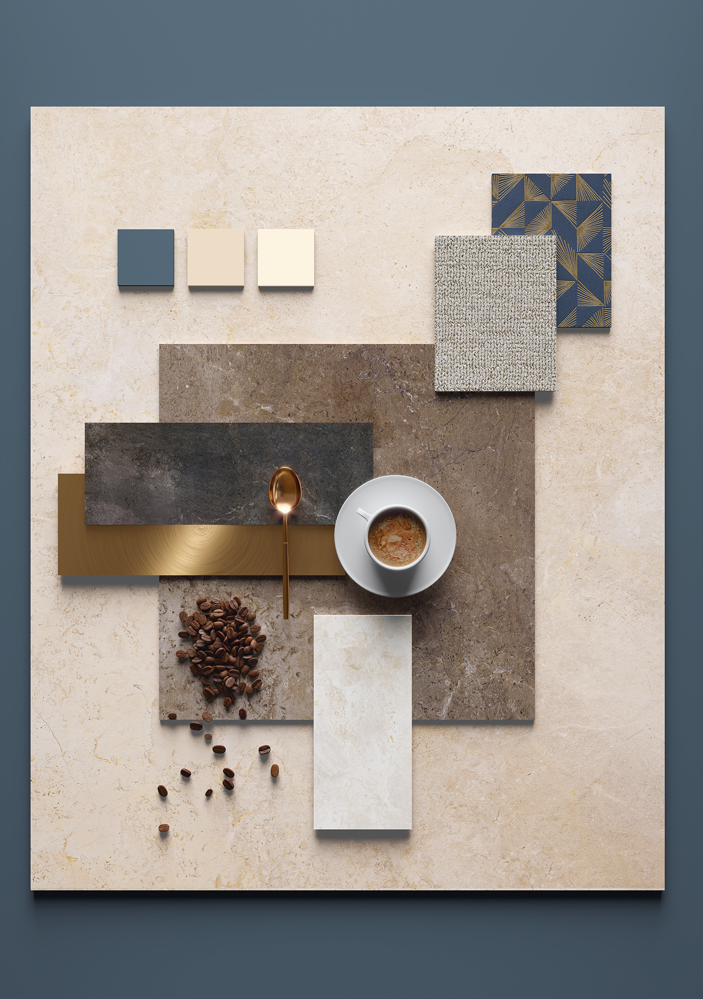 Inspirationscollage für hochwertige Fliesen: Naturtöne, Blauakzente, Textilien und Kaffee.