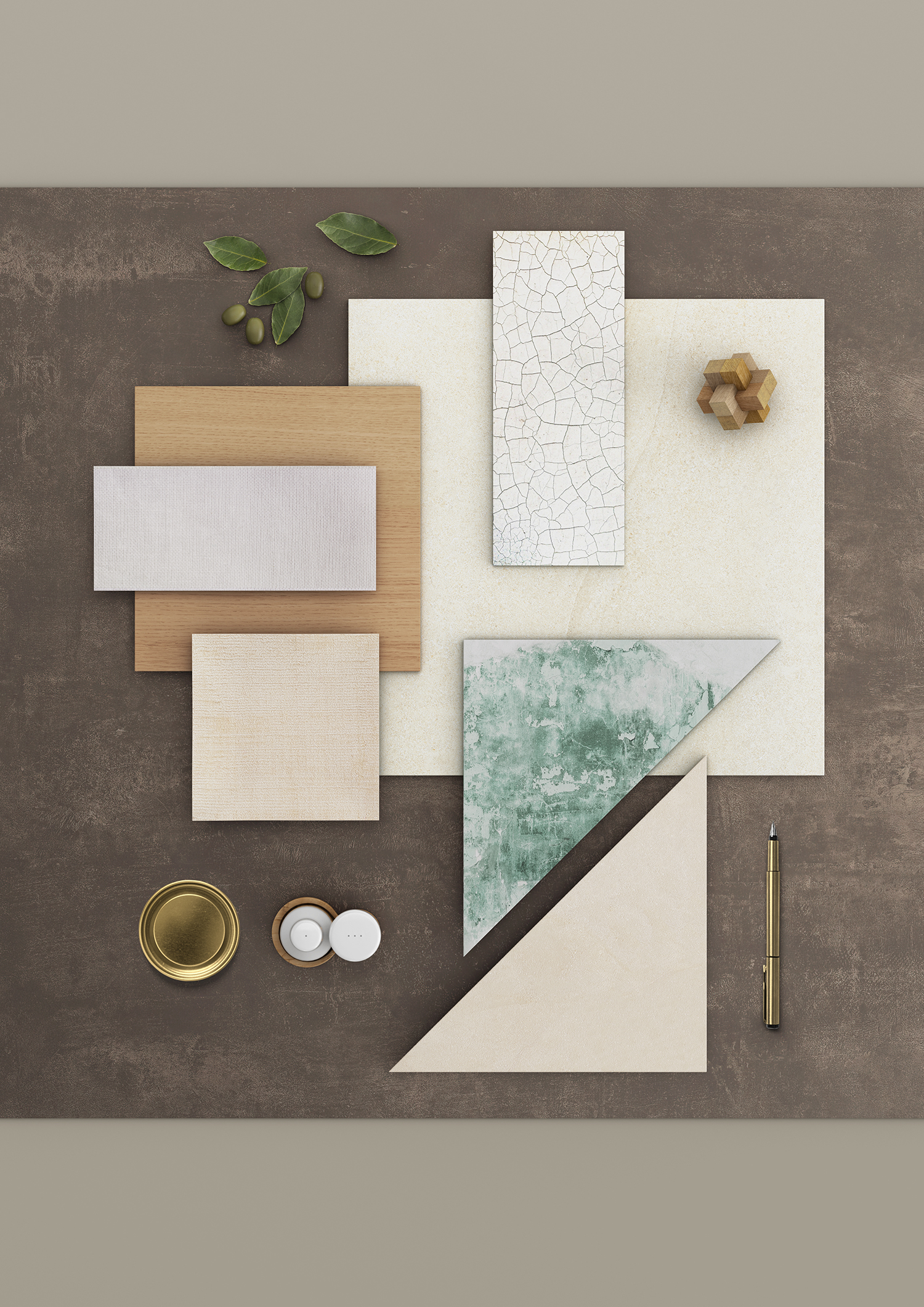 Moodboard mit Fliesenmustern in Naturtönen, Holzoptik und grünen Akzenten für Innen- und Außenbereiche.