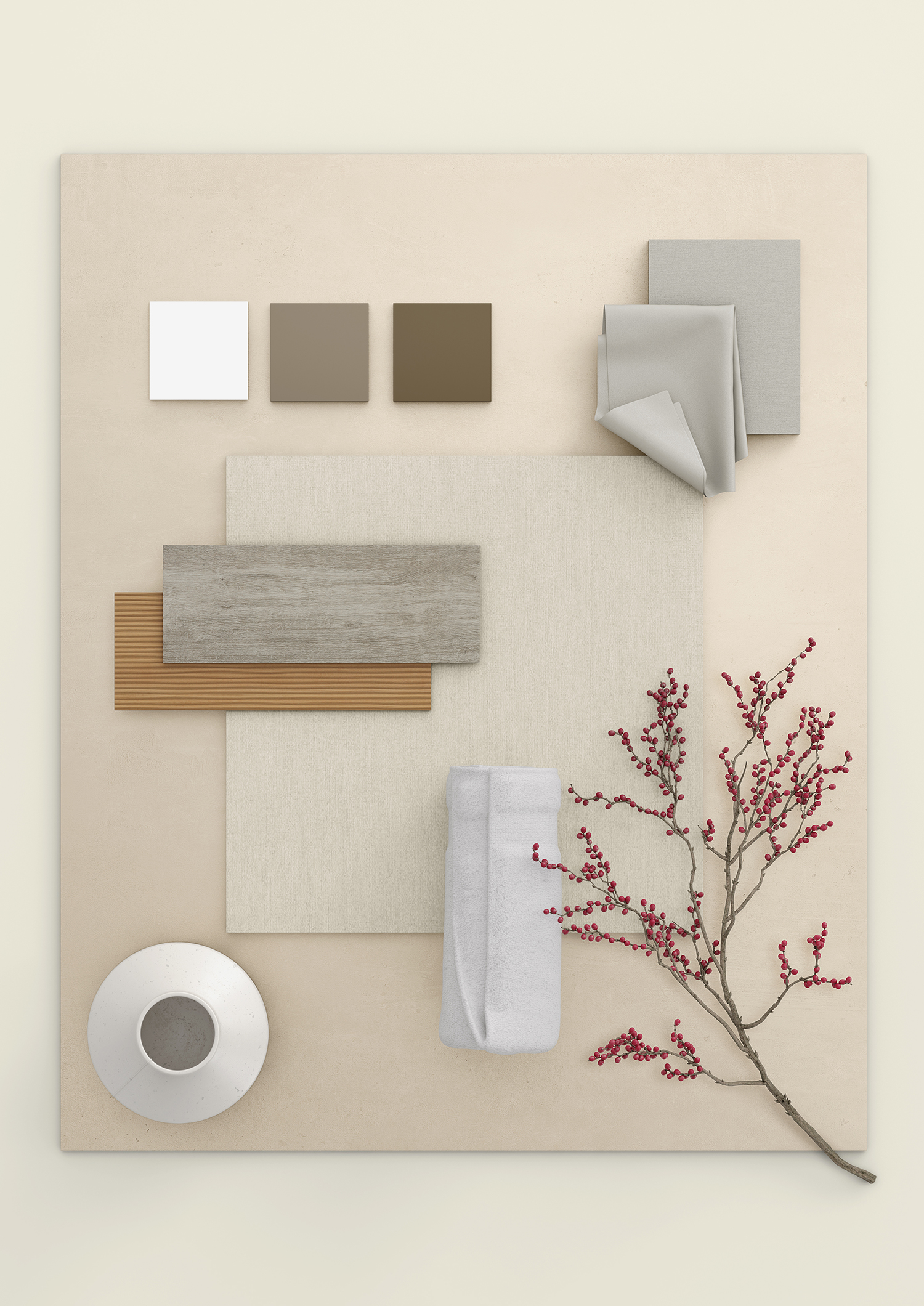 Harmonisches Moodboard mit Fliesen in Holzoptik, passenden Farben und Textilien.