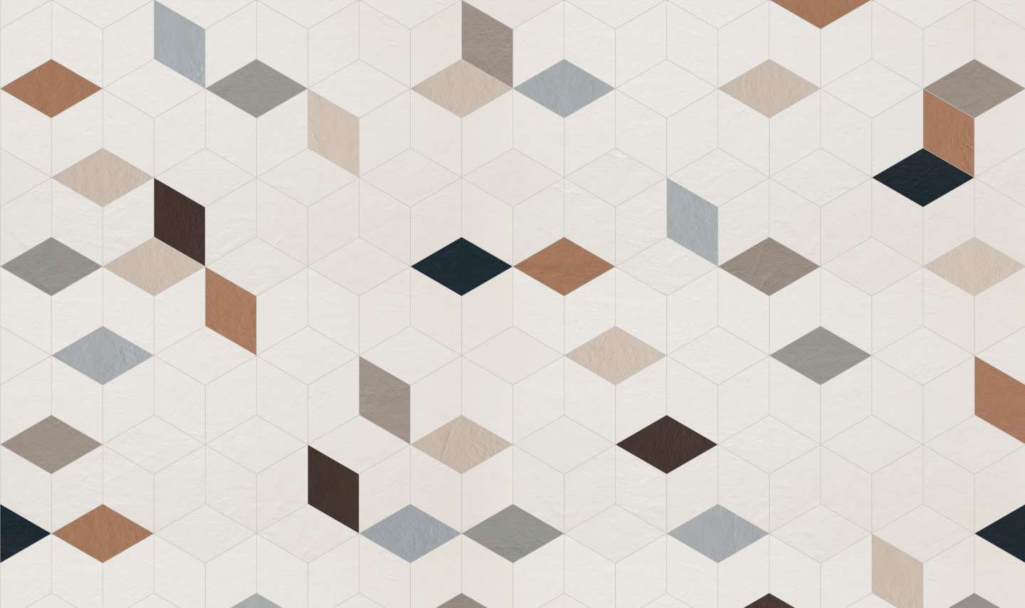 Abstraktes Fliesenmuster mit Rauten in Beige, Braun, Grau und Dunkelblau.