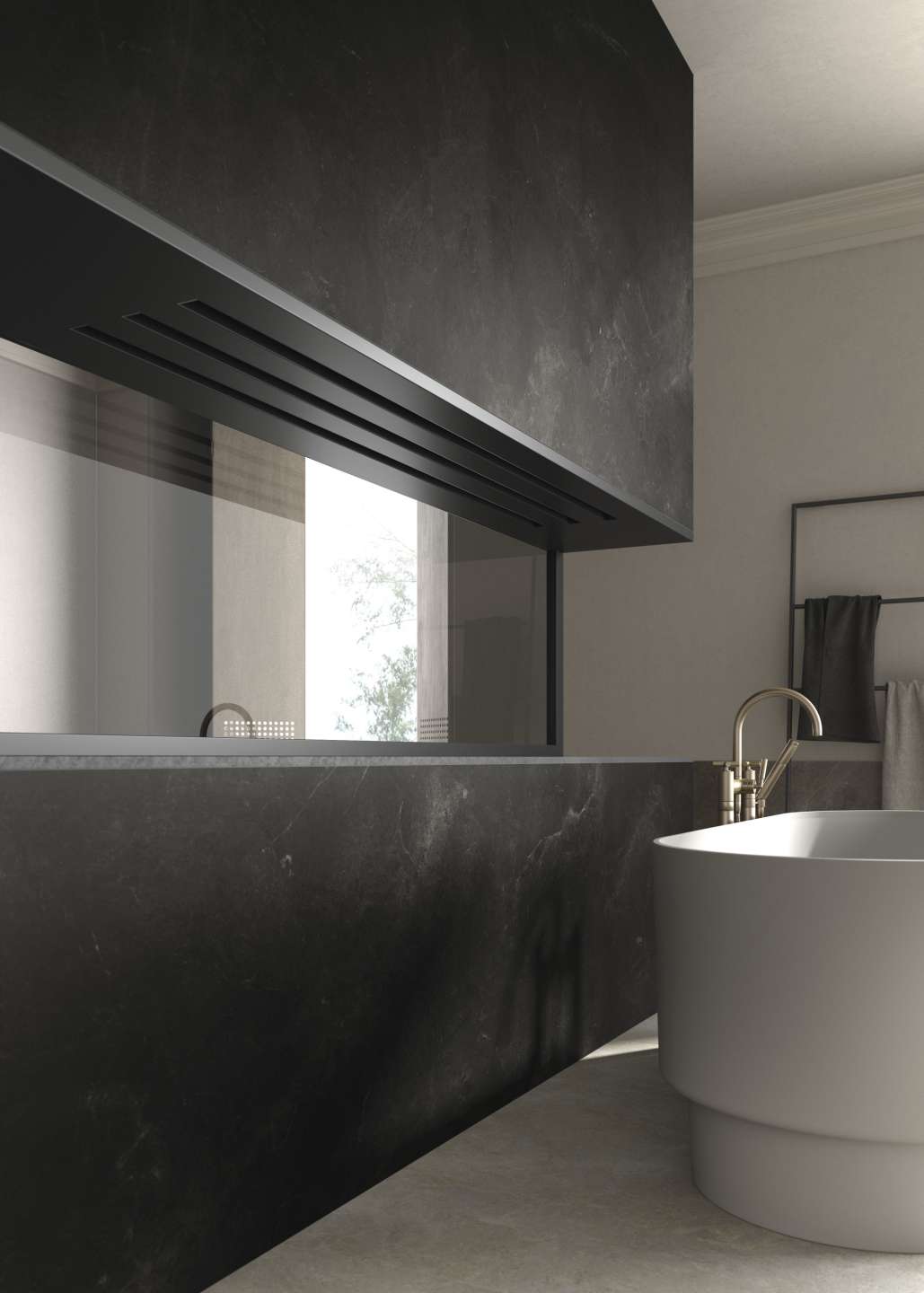 Modernes Bad mit großformatigen dunklen Fliesen und freistehender Badewanne.