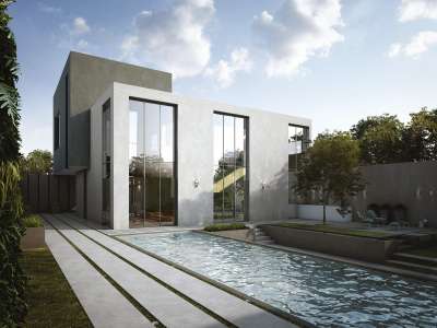 Moderne Villa mit stilvollem Poolbereich und hochwertigen Outdoor-Fliesen.