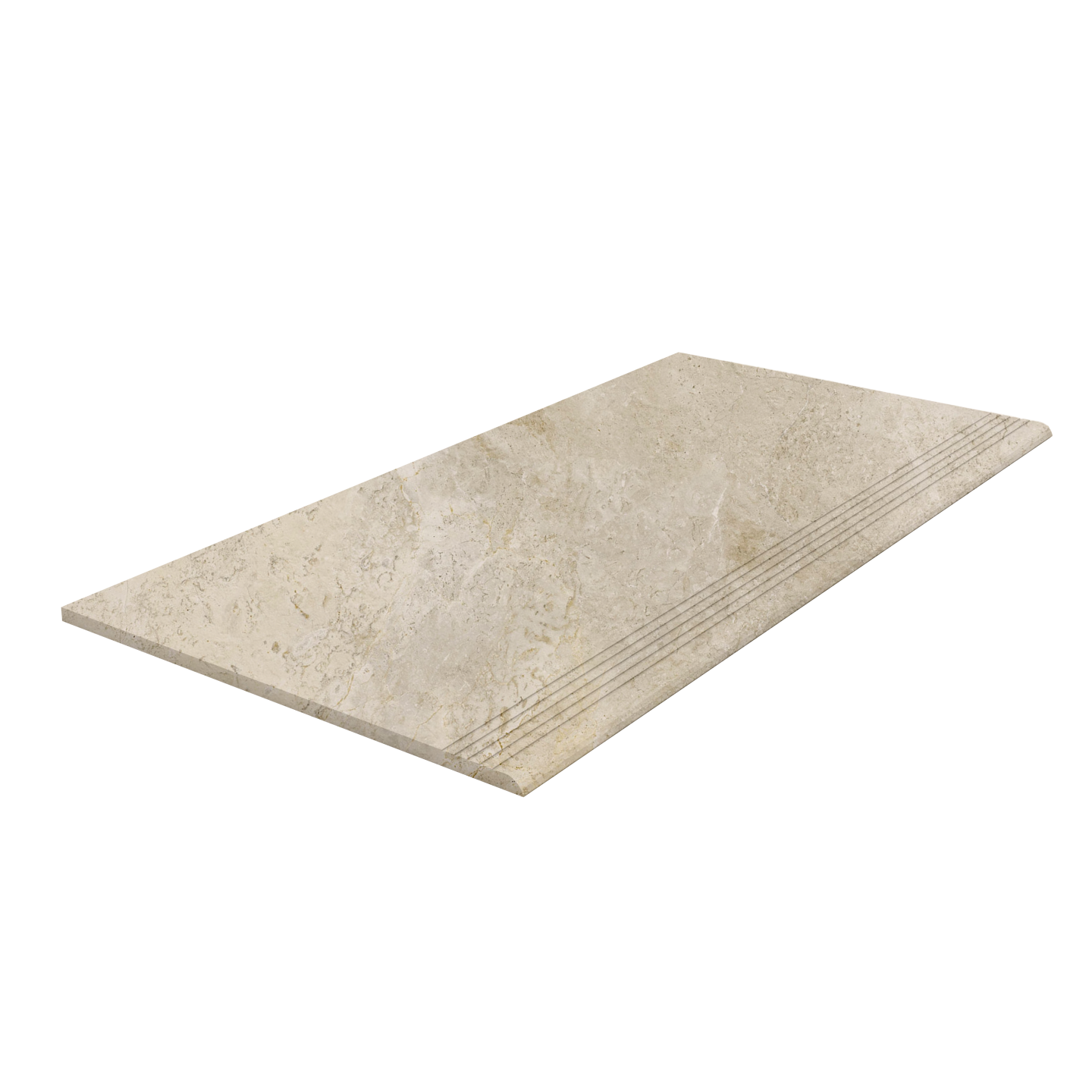 Beige Stufenfliese in Natursteinoptik mit Anti-Rutsch-Rillen.