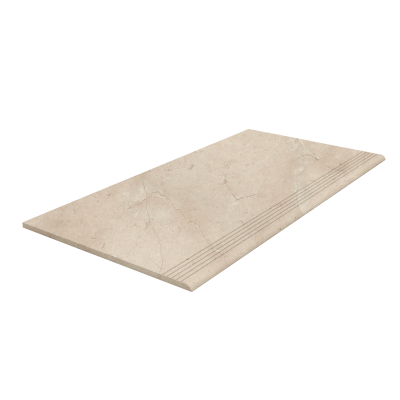 Beige Stufenfliese in Natursteinoptik mit Antirutsch-Rillen.