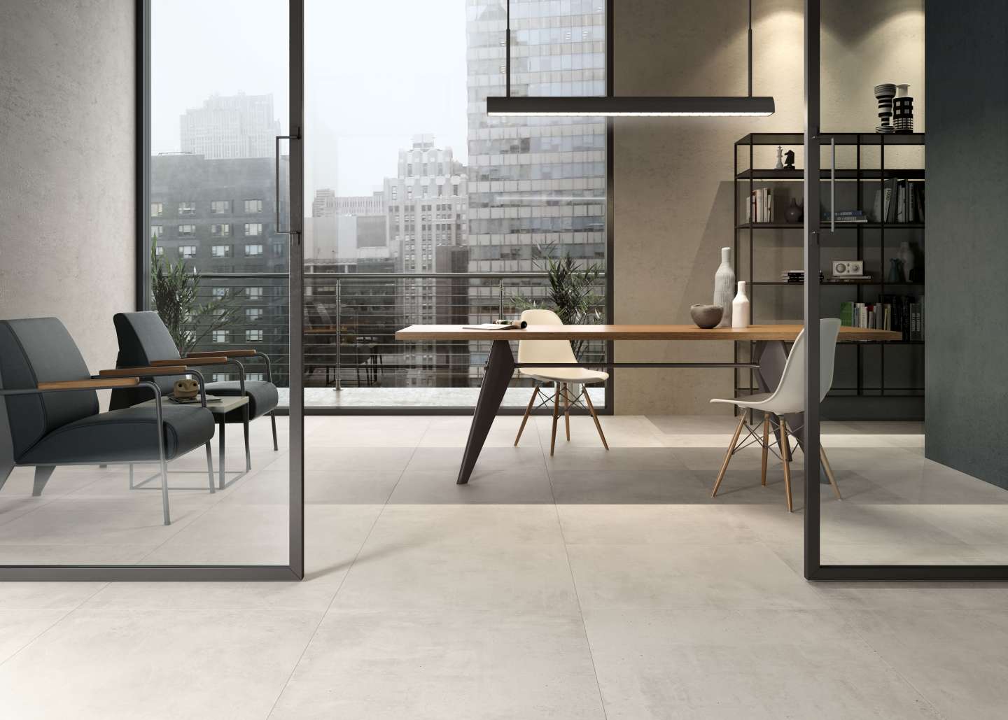Weiße Betonfliesen im Büro, white concrete effect tiles for the office