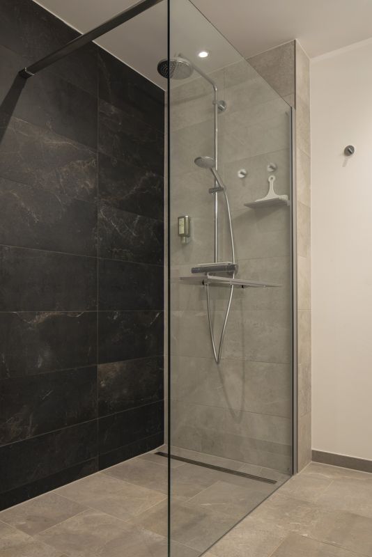 Hochwertige Fliesen in einer modernen Duschkabine: dunkle Wandfliesen und hellgraue Boden- und Wandfliesen.