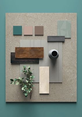 Wohnideen mit Fliesen, Sofa und Deko-Elementen auf einem Moodboard.