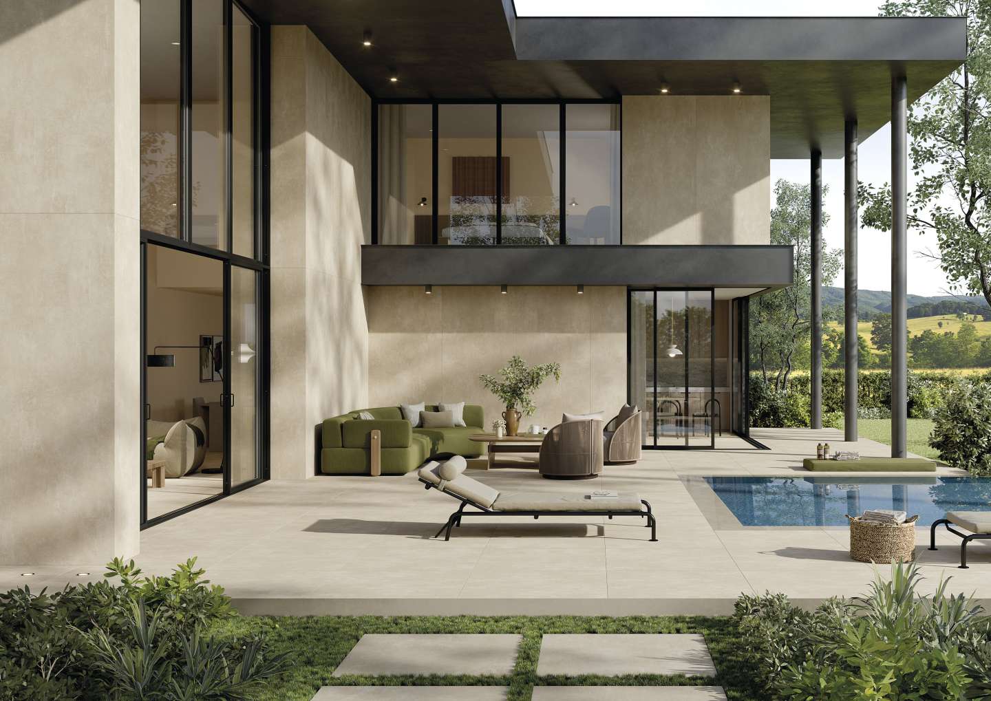 Exklusive Outdoor-Fliesen auf einer modernen Terrasse mit Pool und Garten.