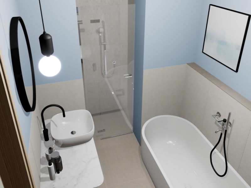 Elegantes Badezimmer mit beigefarbenen Fliesen, blauen Wänden, Badewanne und Dusche.