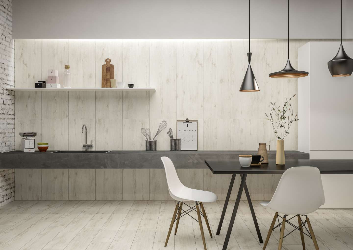 Moderne Küche mit hellen Holzoptik-Fliesen an Boden und Küchenrückwand.