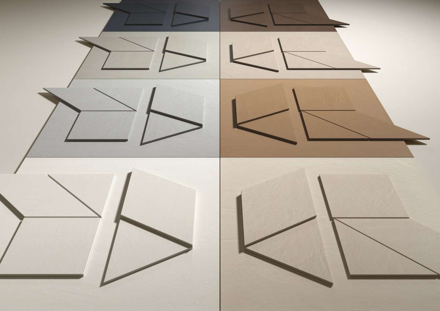 Geometrische Fliesenmuster in Grau, Beige und Weiß mit spannenden Schatteneffekten.