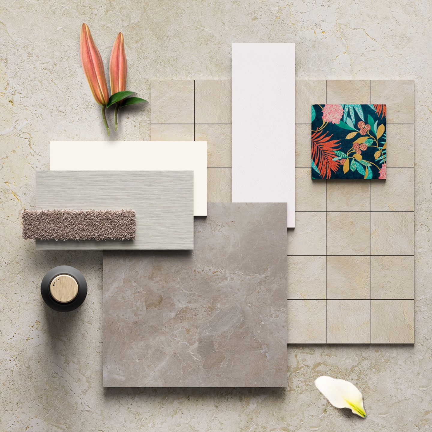 Moodboard mit grauen Fliesen, dunkler Holzoptik und passenden Deko-Elementen für moderne Gestaltung.