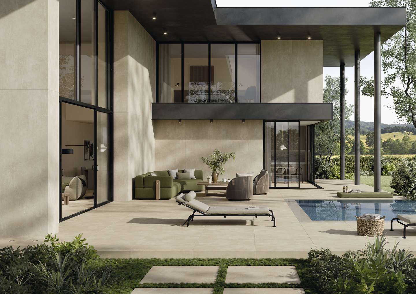 Hochwertige Outdoor-Fliesen auf einer modernen Terrasse mit Pool und Lounge-Bereich.