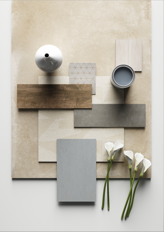 Moodboard mit Fliesenmustern in Beige, Grau und Holzoptik.