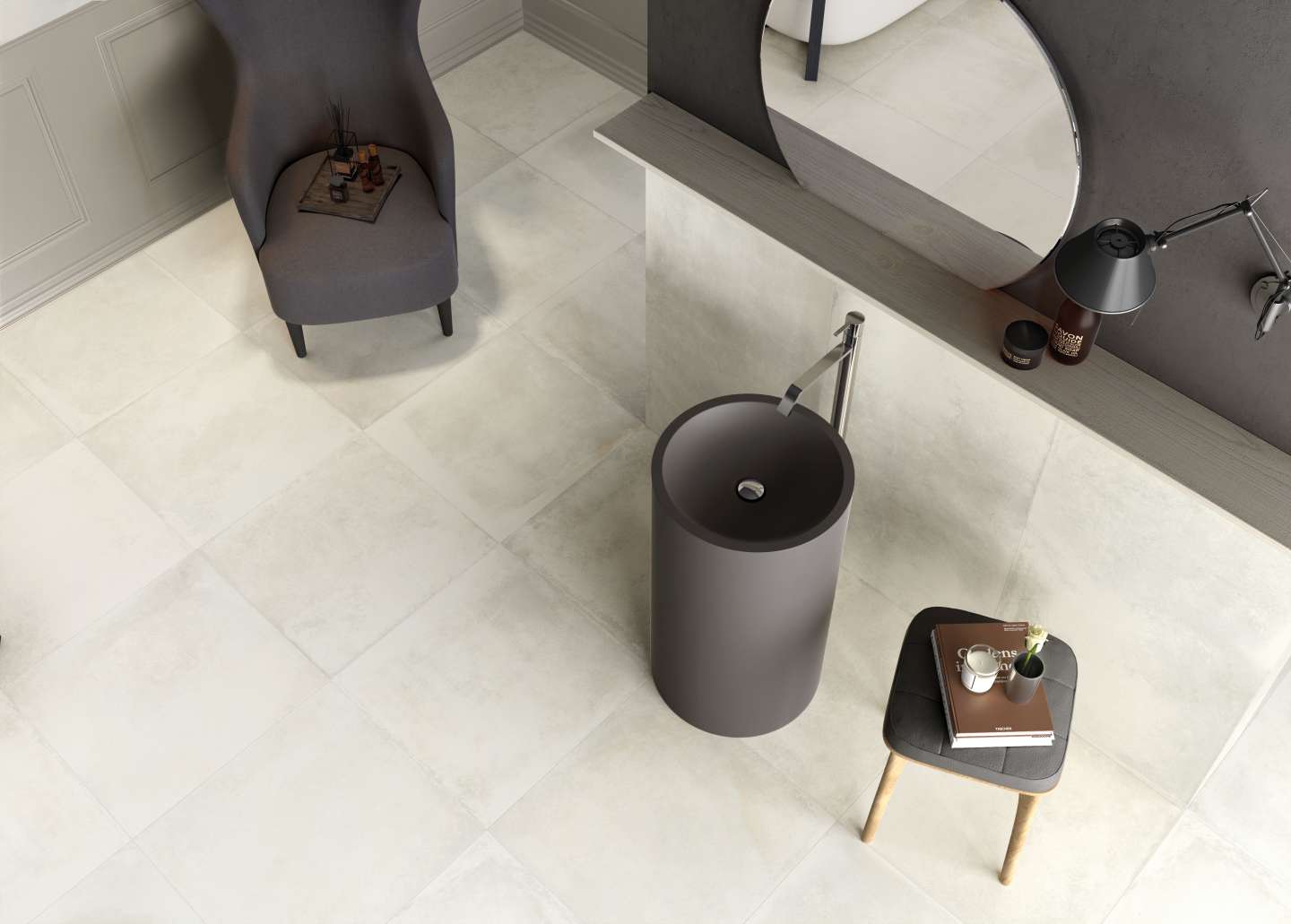 Helle, großformatige Bodenfliesen in modernem Bad mit dunklem Design-Waschbecken.