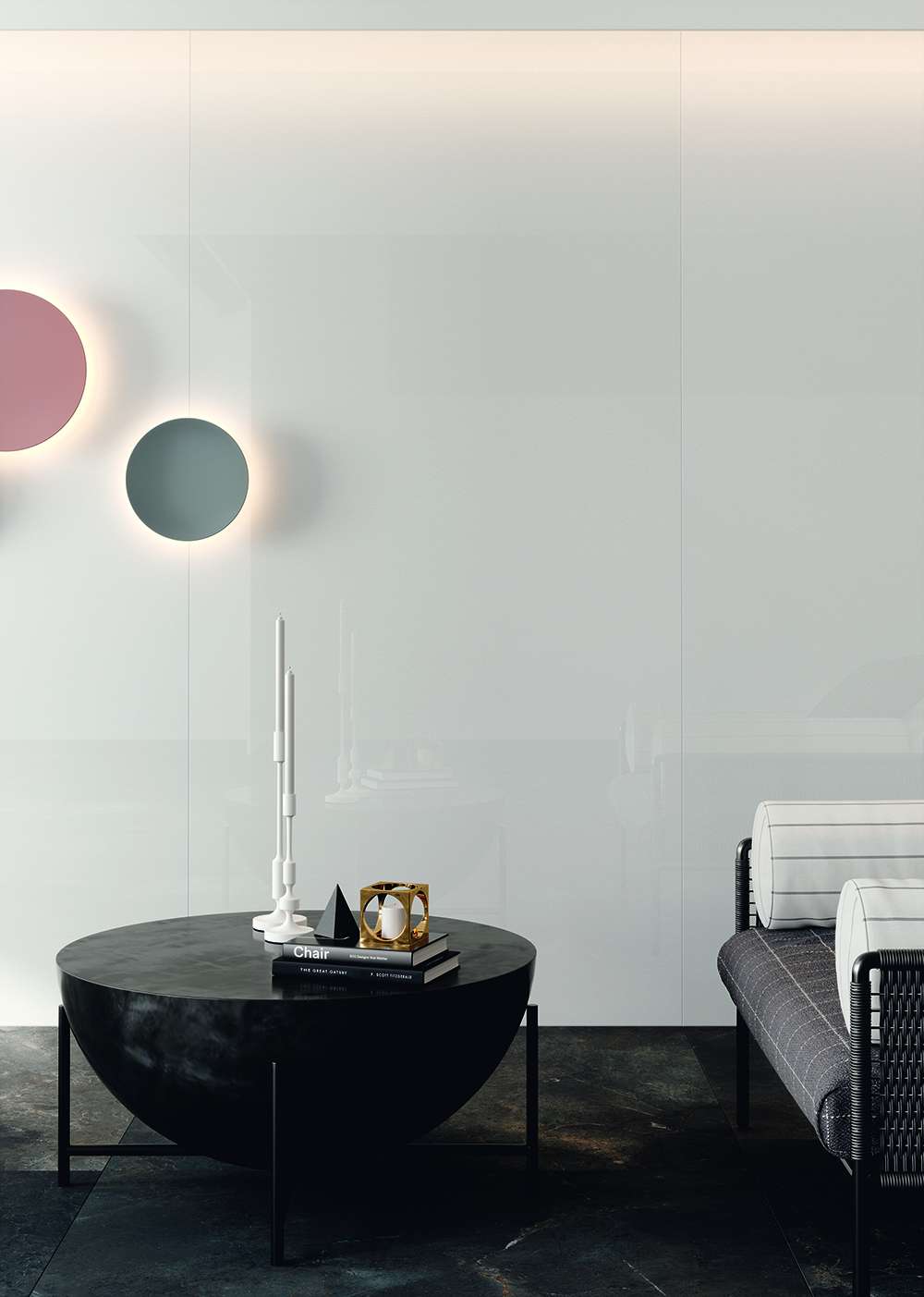 Großformatige helle Wandfliesen und dunkle Bodenfliesen in modernem Interieur.