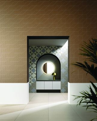 Modernes, quadratisches Deko-Objekt mit rundem Design für stilvolle Fliesen-Interieurs.