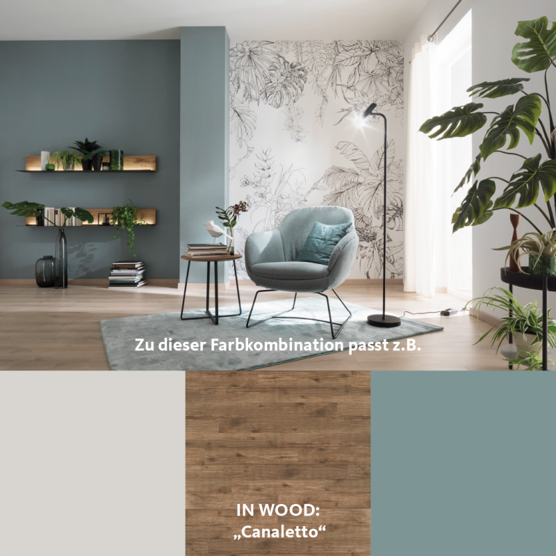 Wohnzimmer-Inspiration mit Bodenfliesen in Holzoptik und passenden Farbmustern.