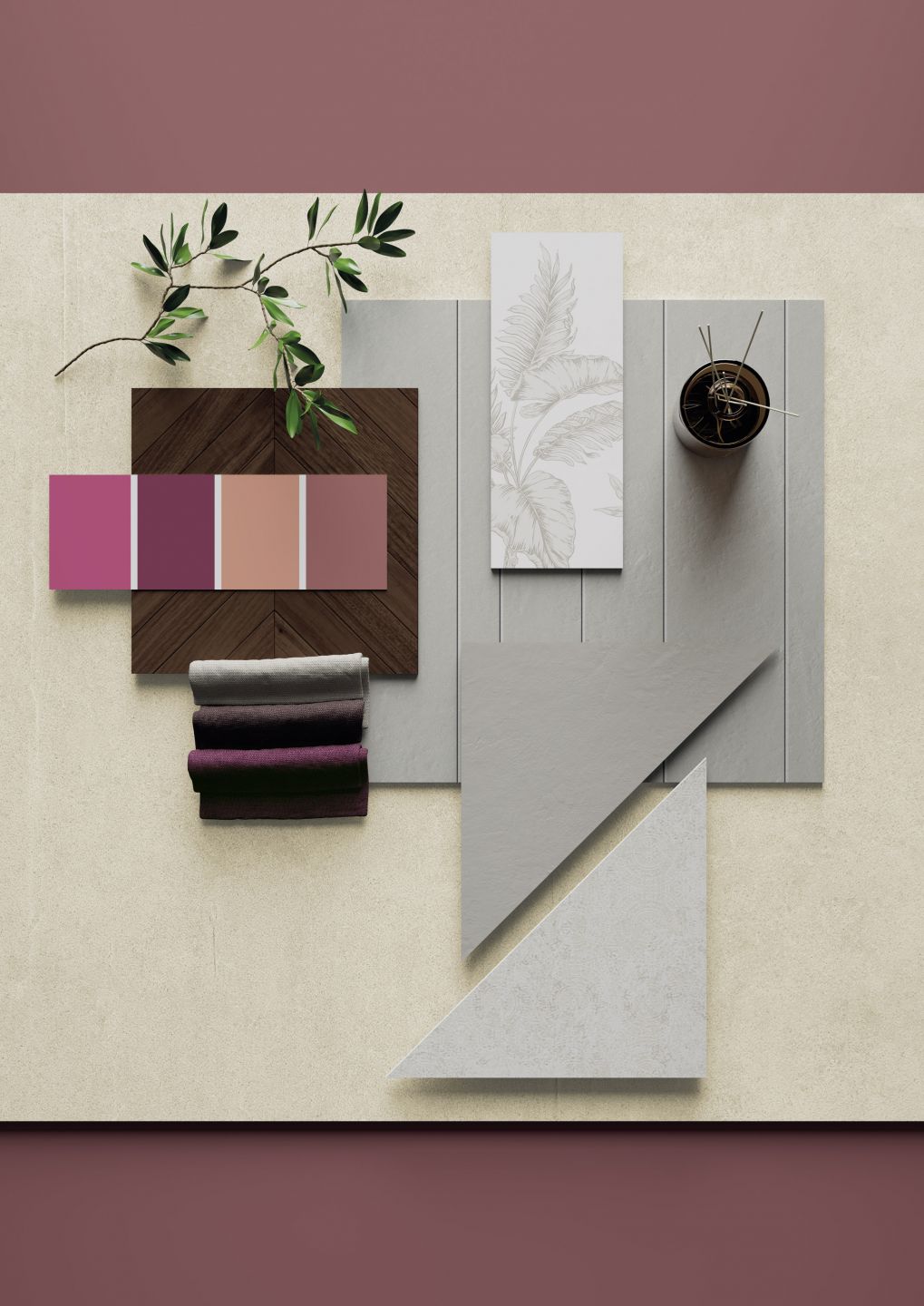 Flachansicht: Make-up-Palette, Pinsel, Stift und Notizblock auf hellem Grund.