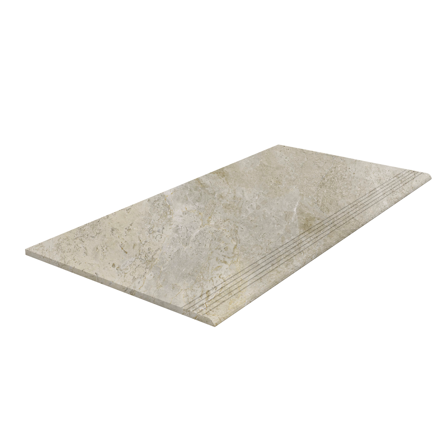 Beige Stufenfliese in Natursteinoptik mit Antirutsch-Rillen.