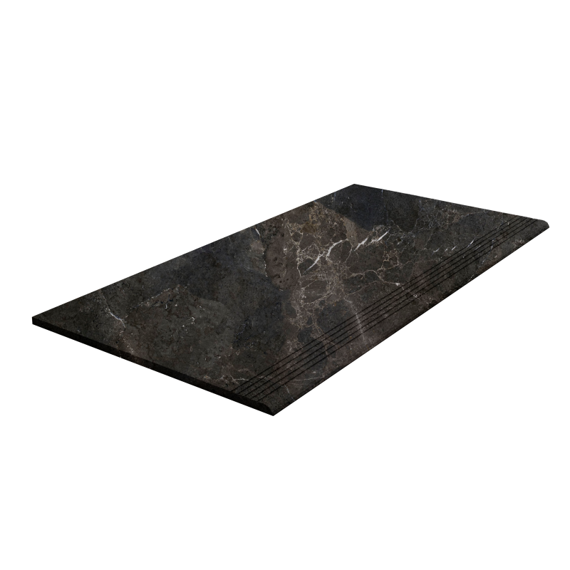 Treppenstufenfliese in dunkler Marmoroptik mit Antirutsch-Rillen.