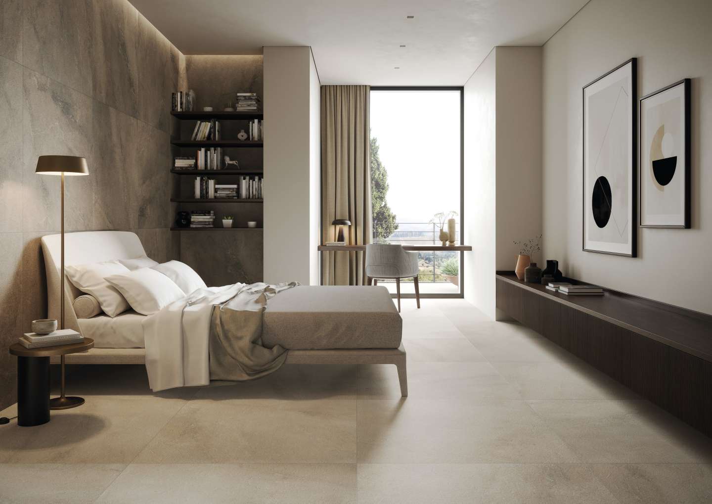 Elegantes Schlafzimmer mit großformatigen, hellen Fliesen an Boden und Wand.