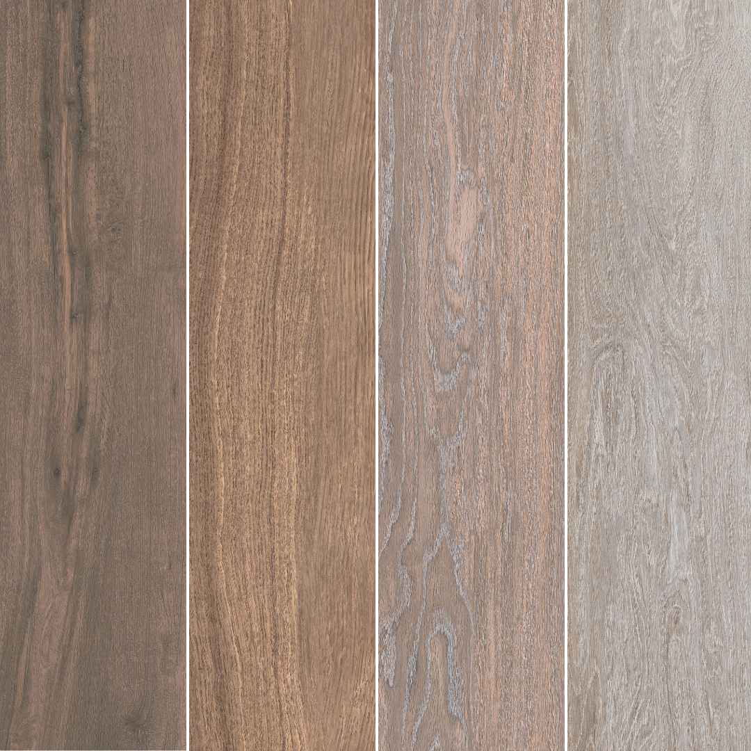 Vier Holzoptik-Fliesen in verschiedenen Braun- und Grautönen.
