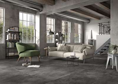 Anthrazit Betonfliesen im Wohnzimmer, anthracite concrete effect tiles in living room