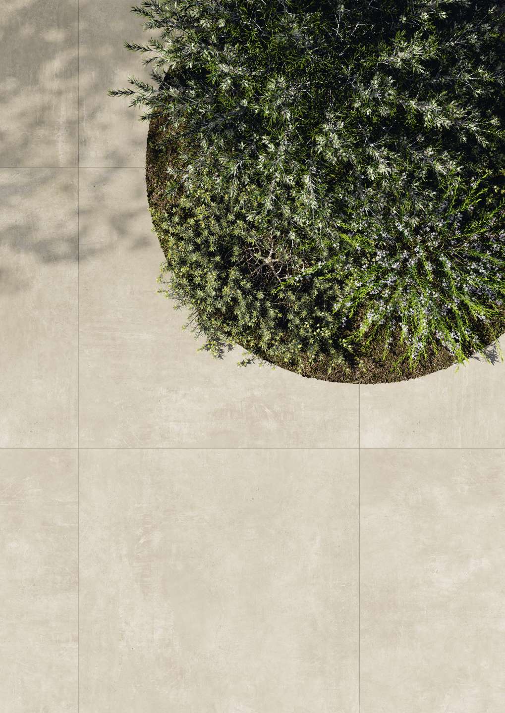 Helle Outdoor-Fliesen in Betonoptik mit grüner Bepflanzung.