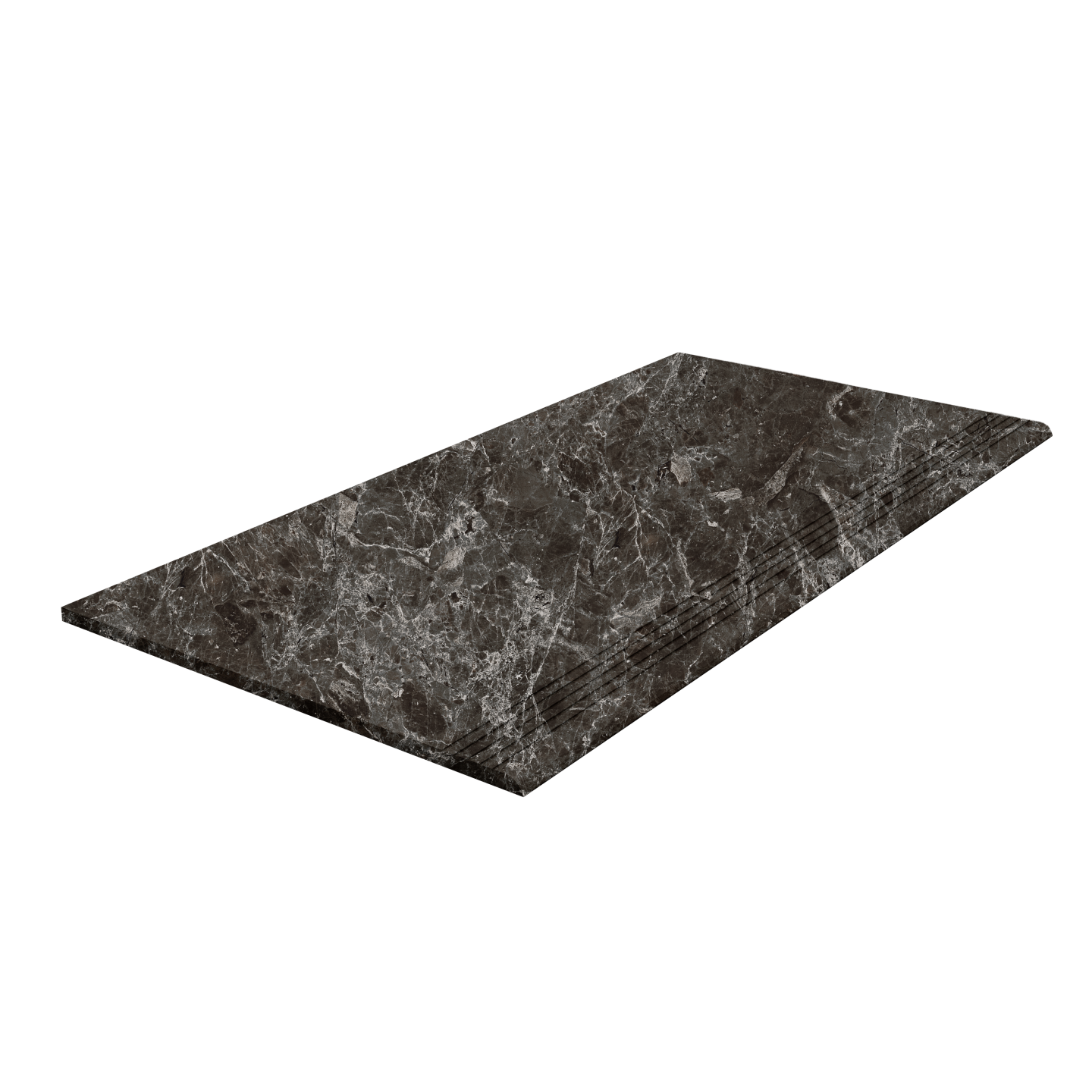 Dunkelgraue Fliese mit heller Marmorierung, rechteckig, für Innen- und Aussenbereiche.