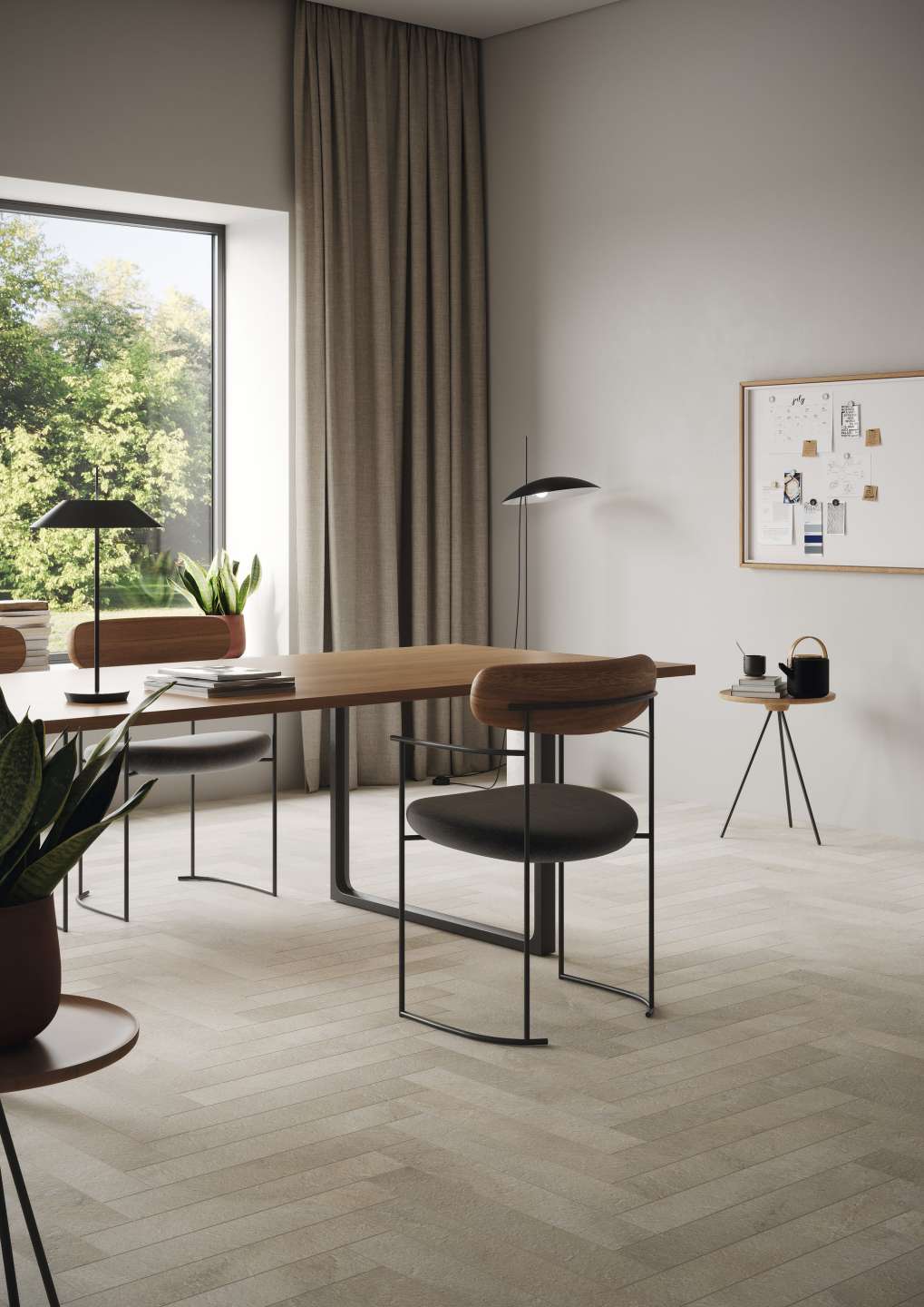 Heller Fischgrät-Fliesenboden in einem modernen Wohnraum.