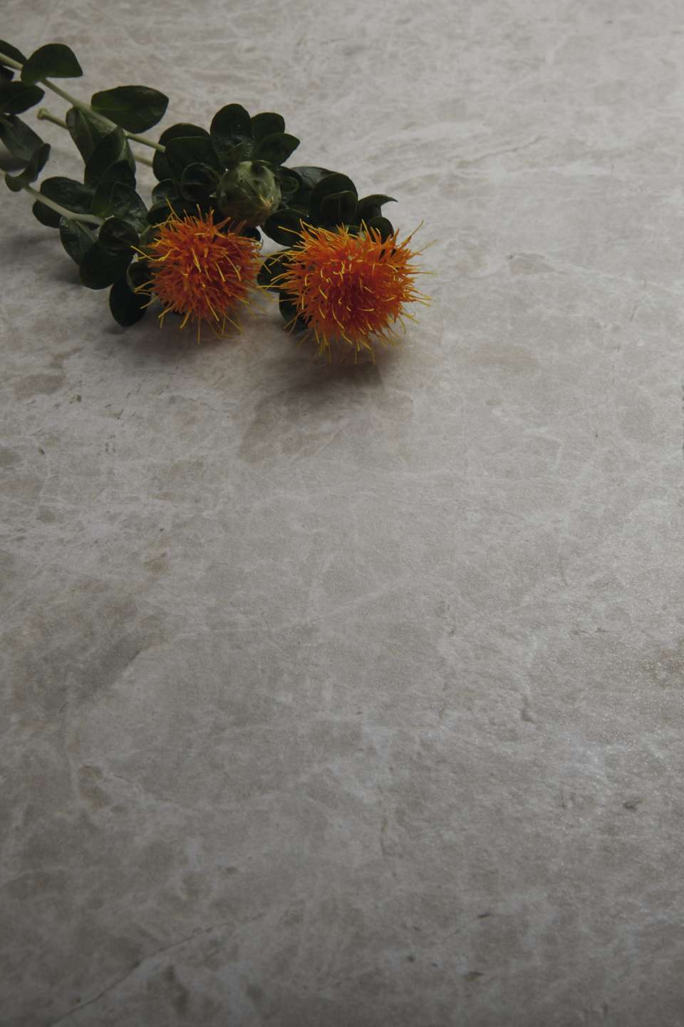 Helle, strukturierte Fliese mit orangefarbenen Blüten.