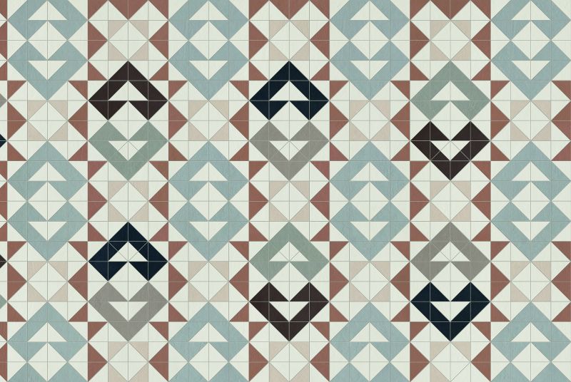 Fliese mit geometrischem Muster in sanften Beige- und Grüntönen.