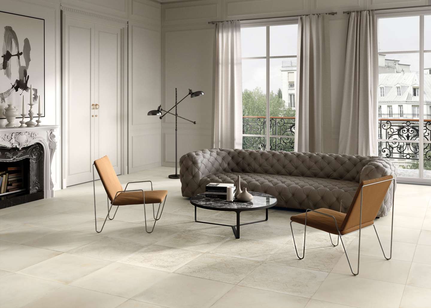 Helle, großformatige Fliesen schaffen ein elegantes Ambiente in diesem modernen Wohnzimmer.