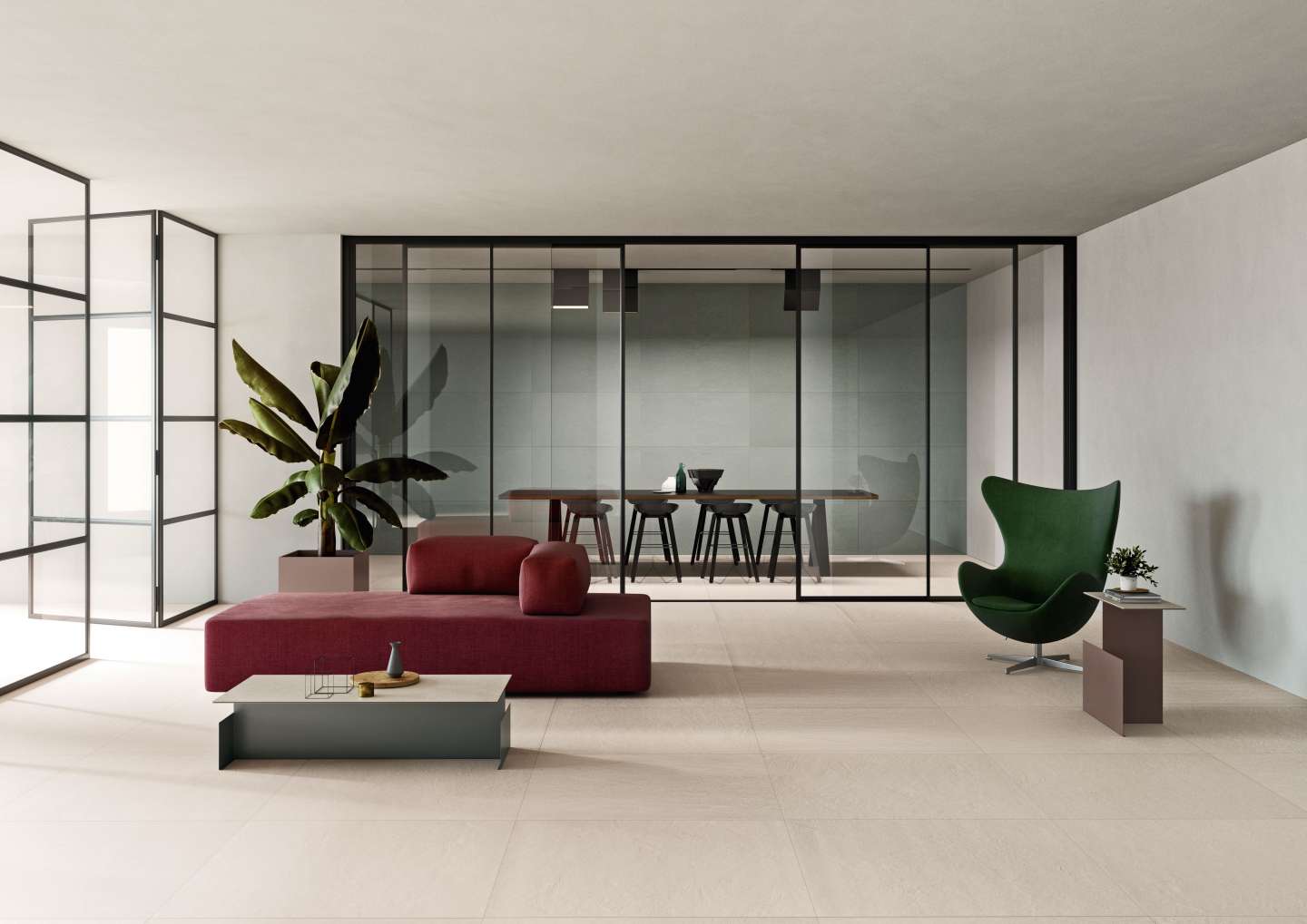 Helle, großformatige Fliesen schaffen ein modernes, offenes Raumgefühl im Wohnbereich.