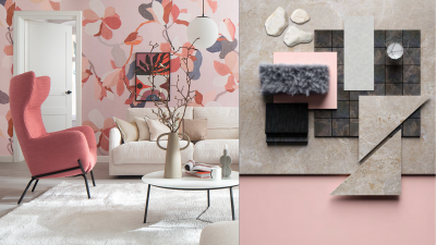 Designinspiration für Fliesen: Rosa Wohnzimmer und Materialcollage mit verschiedenen Fliesenmustern.