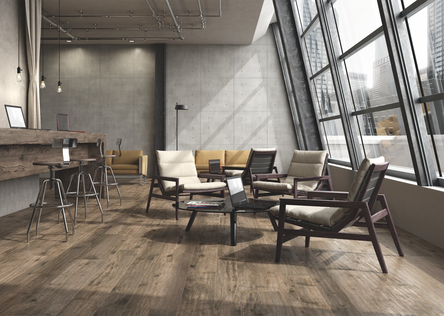 Stilvoller Raum mit hochwertigen Holzoptikfliesen, Betonwänden und großen Fenstern.