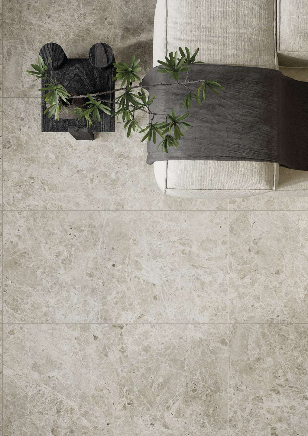 Helle, marmorierte Bodenfliesen für den Innenbereich, verlegt in einem modernen Wohnzimmer.