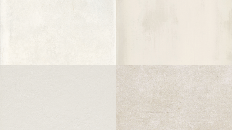 Vier hochwertige Fliesen in hellen Beige- und Grautönen mit feinen Strukturen.
