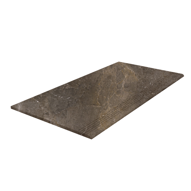 Dunkelbraune Porcelaingres Treppenfliese in Marmoroptik mit rutschhemmenden Rillen.