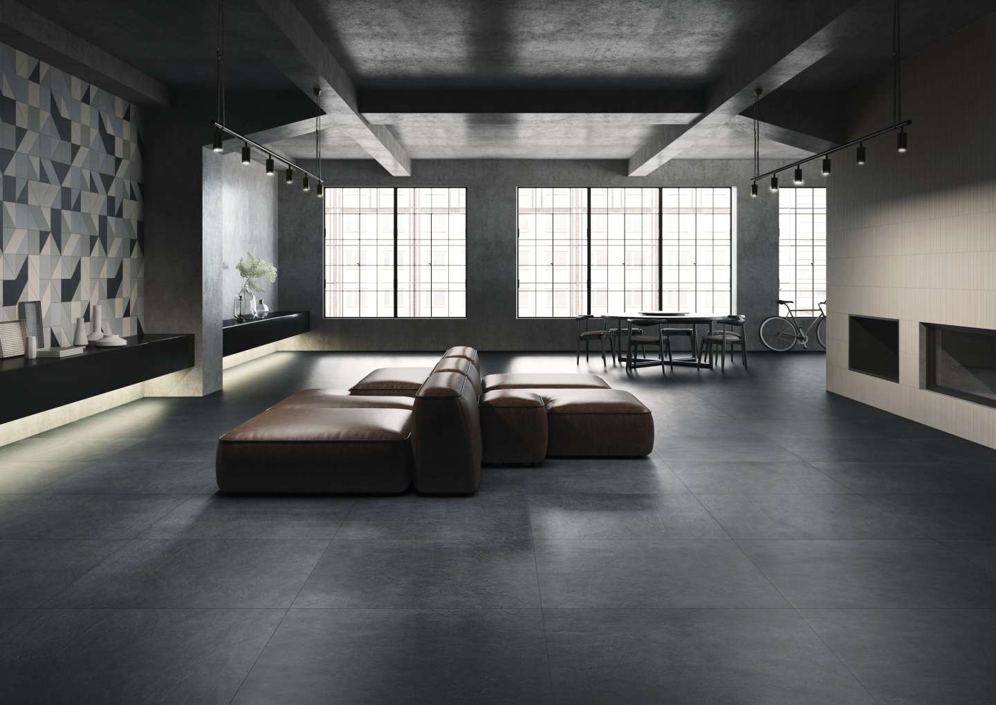 Edle dunkle Bodenfliesen in einem stilvollen Loft-Ambiente.