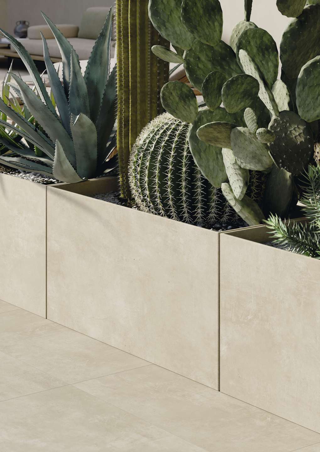 Moderne beige Fliesen für Boden und Pflanzkübel, ideal für stilvolle Innen- und Außenbereiche.
