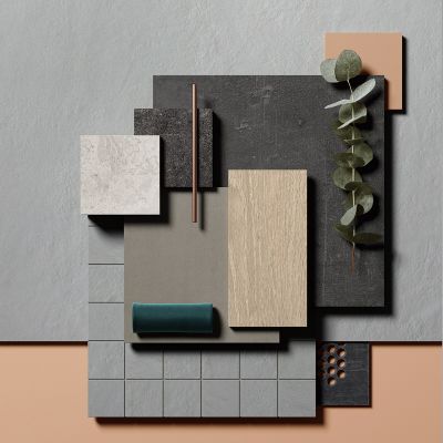 Vielfältige Fliesenmuster in Grau, Anthrazit und Holzoptik für Innen- und Aussenbereiche.