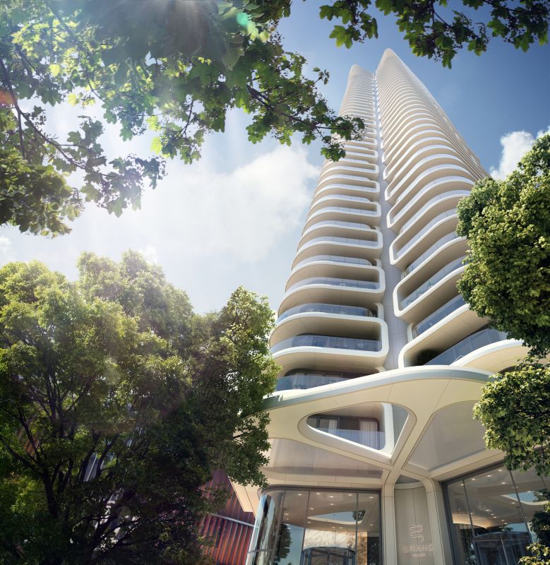 Exklusives Hochhaus mit einzigartiger Architektur, passend für hochwertige Fliesen.