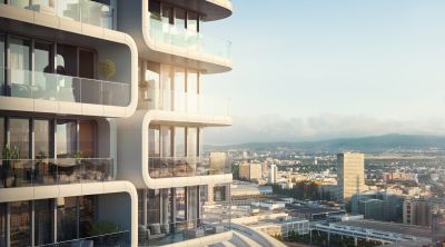 Moderne Balkone mit Stadtpanorama, perfekt für hochwertige Outdoor-Fliesen.