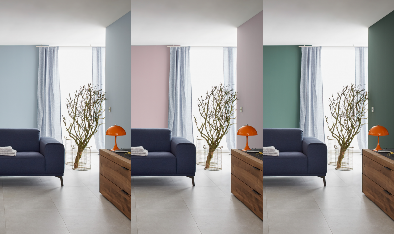 Wohnraum-Impressionen mit unterschiedlichen Wandfarben zur Inspiration.