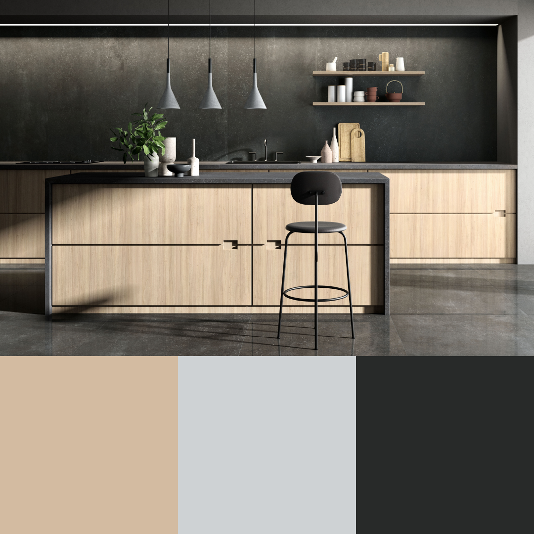 Moderne Küche mit dunklen Boden- und Wandfliesen in Betonoptik, kombiniert mit heller Holzinsel.