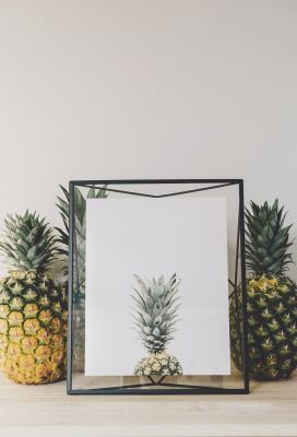 Moderne Dekoration: Bilderrahmen mit Ananas und Grünpflanze auf hellem Hintergrund.