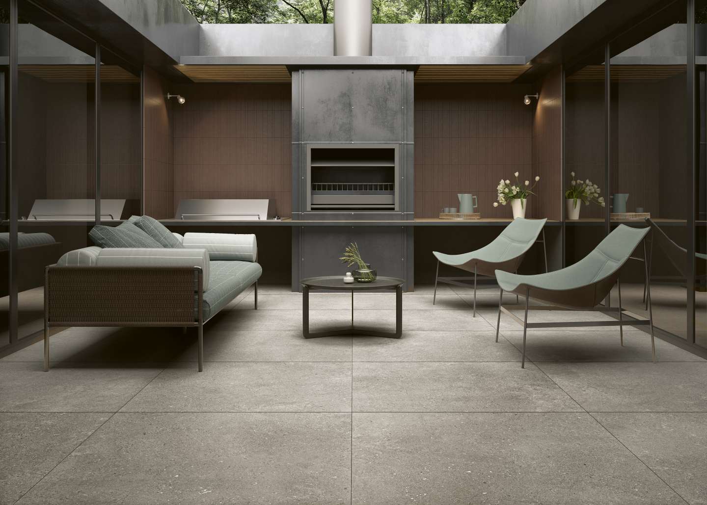 beige Steinoptik Fliesen auf der Terrasse, beige stone effect tiles in the patio